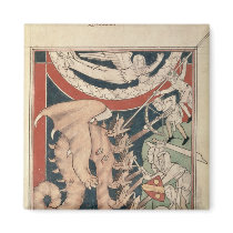 Woman in cloud above five men fighting fridge magnet