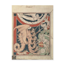 Woman in cloud above five men fighting post card