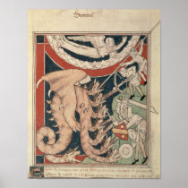 Woman in cloud above five men fighting print