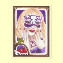 Woman in skull Mask cehrries fantasy art postcard