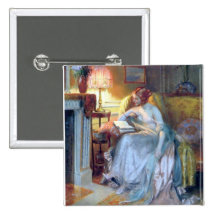 Woman reading by the lamp antique painting buttons