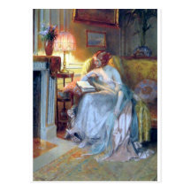 Woman reading by the lamp antique painting post cards