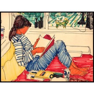 Woman reading in Bed stamp