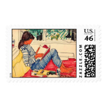 Woman reading in Bed Stamps