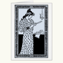 Woman sharpening a quill cards