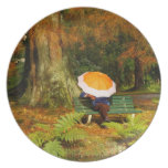 Woman siting with umbrella plate