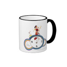 Woman sitting on a clock and holding a tea cup mug