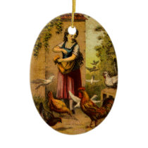 Woman Tosses Chickenfeed to Fowl Christmas Ornaments