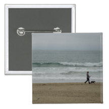 Woman Walking Dog Along Pismo Beach, CA Button