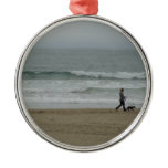 Woman Walking Dog Along Pismo Beach, CA Ornament