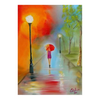 Woman with a red umbrella rainy day painting posters