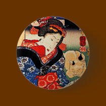 Woman with Cat - Japanese Art - Utagawa Kuniyoshi buttons