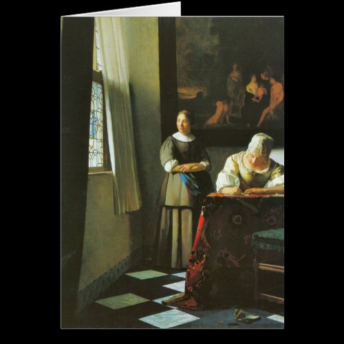 Woman with messenger by Johannes Vermeer Cards