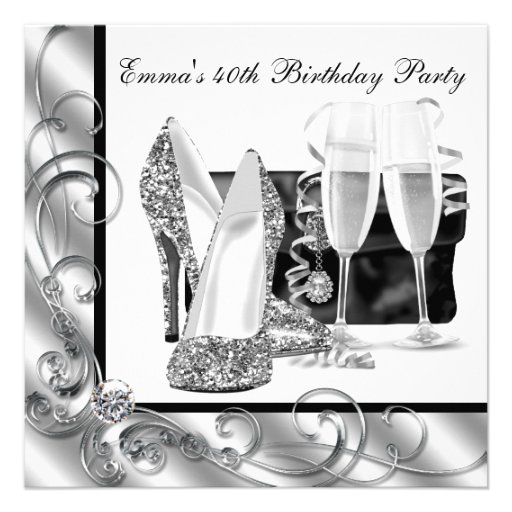 Womans Black and White 40th Birthday Party Personalized Invitations