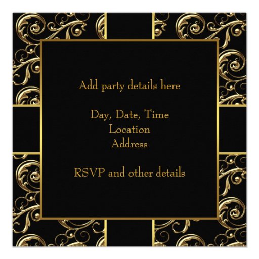 Womans Black Gold Birthday Party Invitations