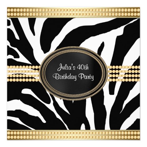 Womans Black Gold Zebra Birthday Party Invitations