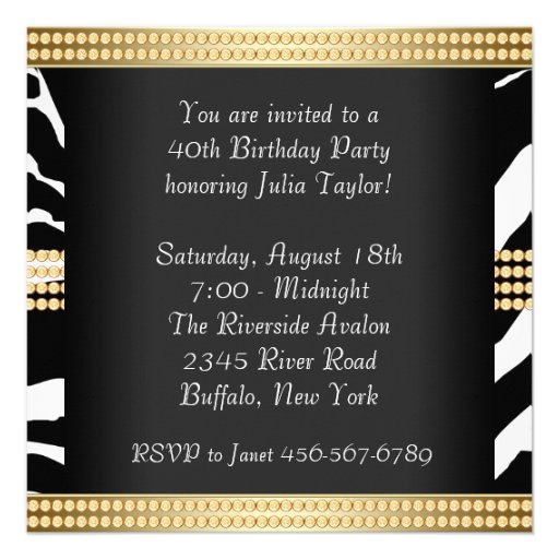 Womans Black Gold Zebra Birthday Party Invitations