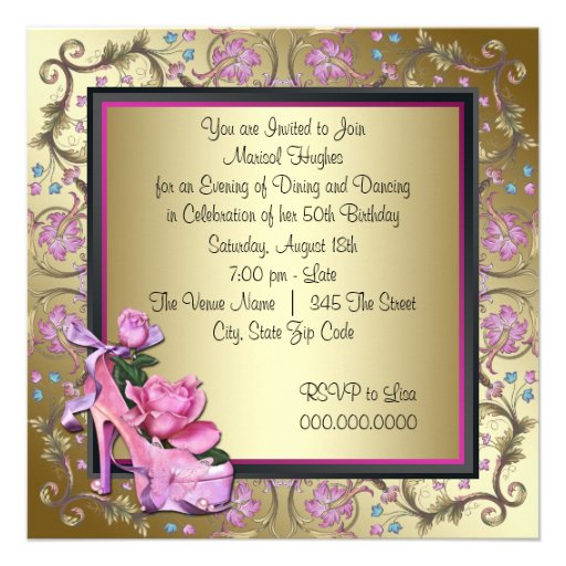 Womans Black Pink Gold 50th Birthday Party Invites