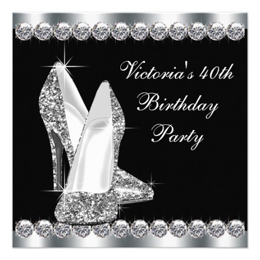 Womans Elegant Black 40th Birthday Party Invitations (front side)