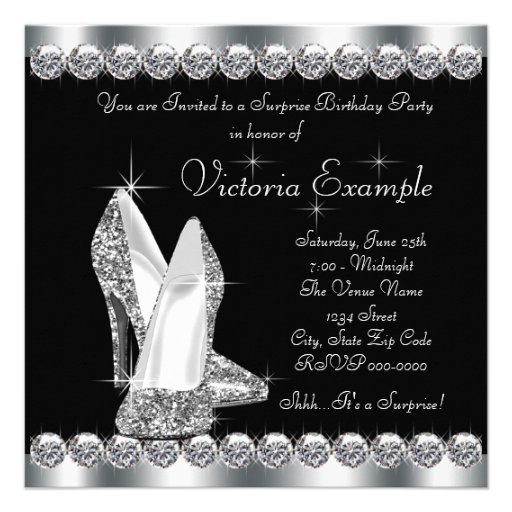Womans Elegant Black Surprise Birthday Party Invites