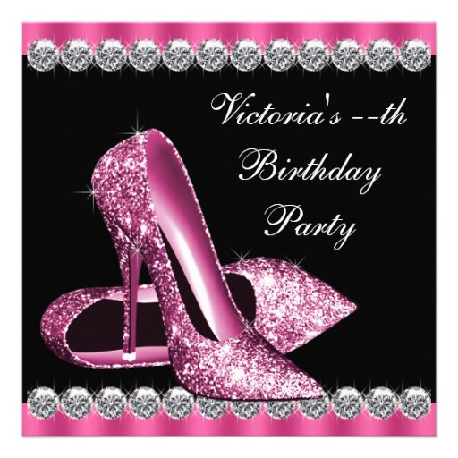 Womans Elegant Pink and Black Birthday Party Custom Invitations