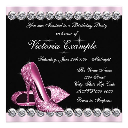 Womans Elegant Pink and Black Birthday Party Personalized Invite
