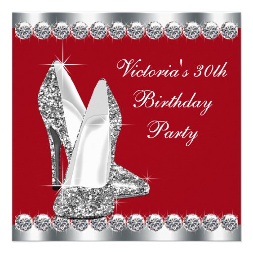 Womans Elegant Red 30th Birthday Party Announcements (front side)