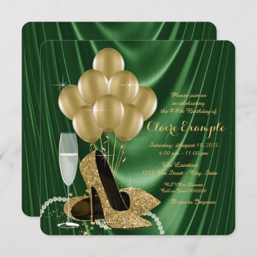 Womans Emerald Green And Gold Birthday Party Invitation Zazzle