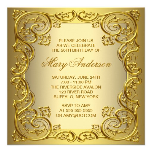 Womans Gold 50th Birthday Party Announcements