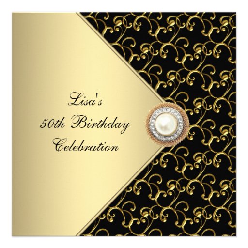 Womans Gold Black Pearl Classy 50th Birthday Party Invites