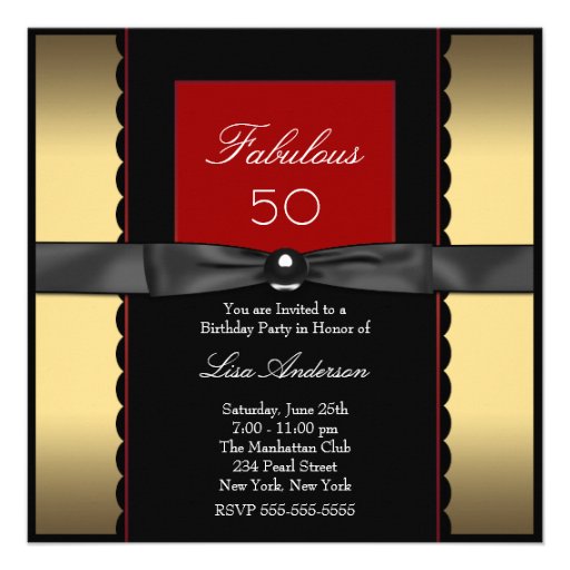 Womans Gold Black Red 50th Birthday Party Announcement
