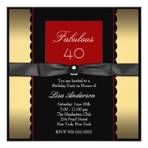 Womans Gold Black Red Classy 40th Birthday Party Custom Announcements