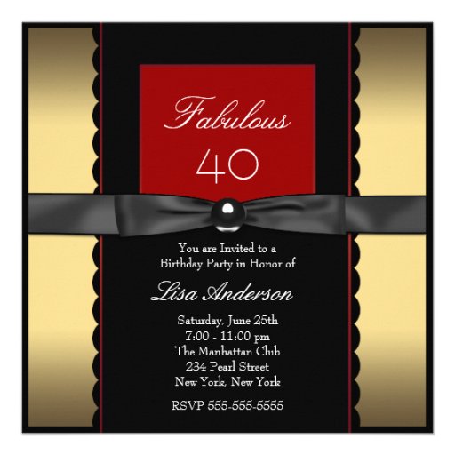 Womans Gold Black Red Classy 40th Birthday Party Custom Announcements