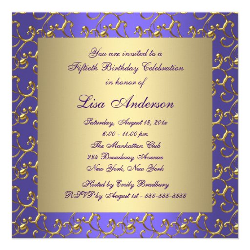 Womans Gold Purple 50th Birthday Party Custom Invite