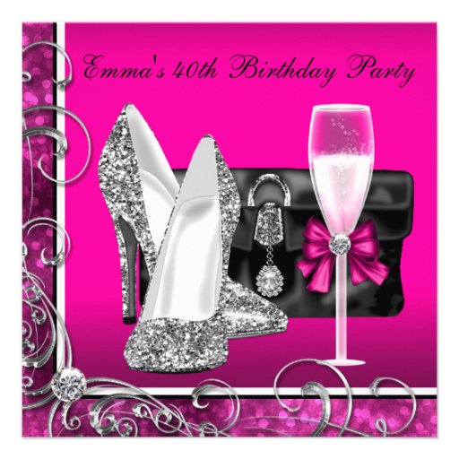 Womans Hot Pink 40th Birthday Party Invitations