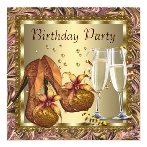Womans Orange Pink Gold Birthday Party Personalized Invitations (front side)