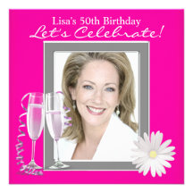 Womans Photo Hot Pink 50th Birthday Party Custom Invitation