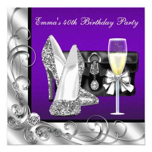 Womans Purple 40th Birthday Party Invitations (front side)