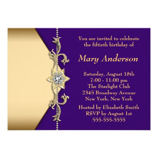 Womans Purple Gold 50th Birthday Party Personalized Invitation