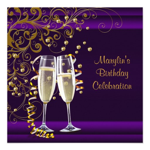 Womans Purple Gold Birthday Party Custom Invitations