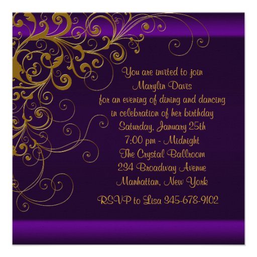 Womans Purple Gold Birthday Party Custom Invitations