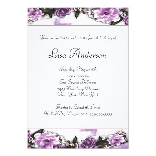 Womans Purple Lavender Roses 40th Birthday Party Personalized Announcements