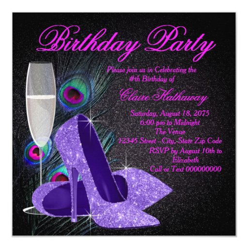 Womans Purple Peacock Birthday Party Customized Announcement Card