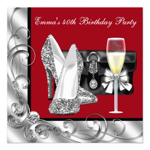 Womans Red 40th Birthday Party Invitations