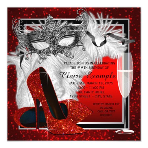 Womans Red and Black Masquerade Birthday Party Invite