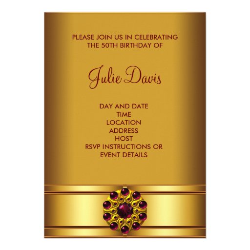 Womans Red Gold Birthday Party Personalized Invites