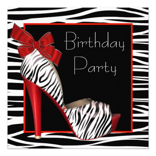 Womans Red Zebra Birthday Party Invitations