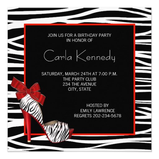 Womans Red Zebra Birthday Party Invitations