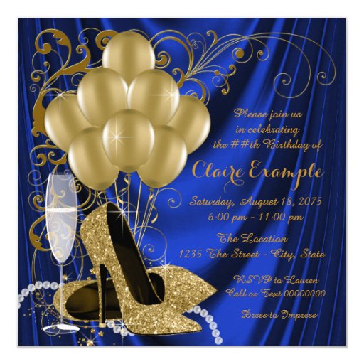 Womans Royal Blue And Gold Birthday Party Luxe Invitation Zazzle