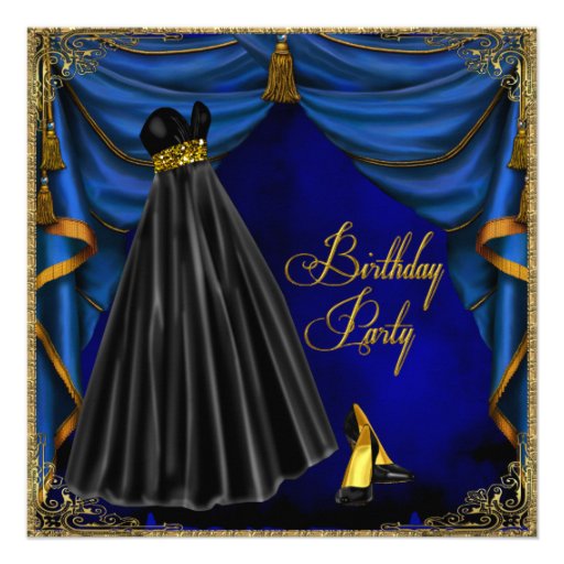 Womans Royal Blue Gold Birthday Party Custom Announcement